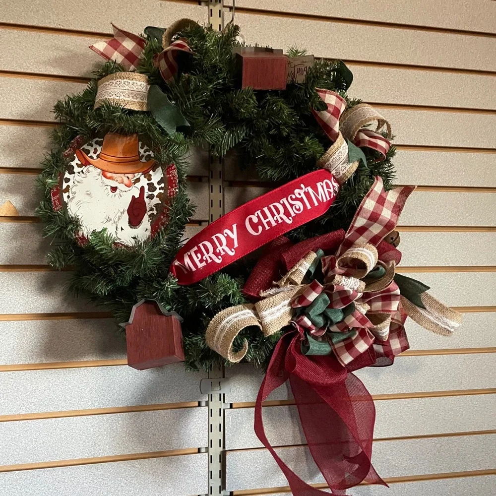 Christmas Wreath Cowboy Santa Western Holiday Door Decoration‎ Handmade 14